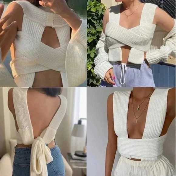 White Wrap Around Bandage Knit Multi Wear Top - Picture 4 of 6